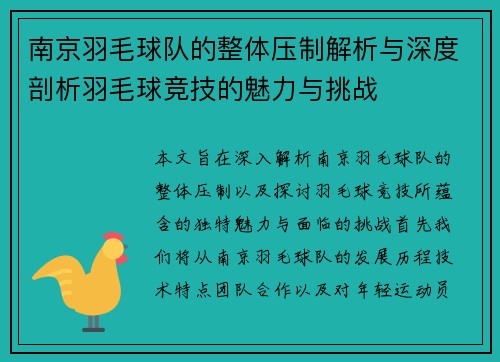 南京羽毛球队的整体压制解析与深度剖析羽毛球竞技的魅力与挑战